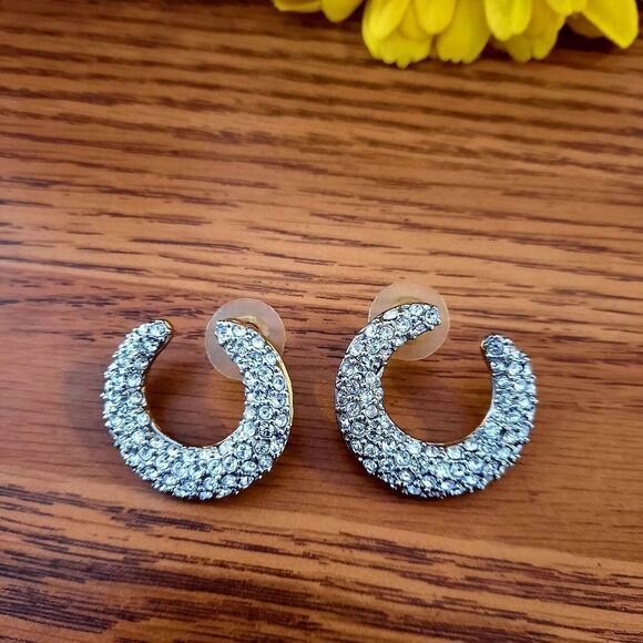 VINTAGE Pave Crystal Pushback Hoop Earrings  - Picture 2 of 5